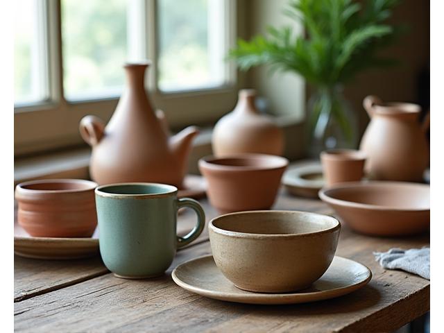 手作りの陶器が並ぶ美しい食卓の写真。
伝統的な日本の職人技が光る逸品。