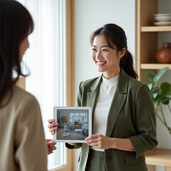 明るいリビングに座り、日本の伝統的なデザインのファブリックと現代的なミニマリスト家具を組み合わせ、タブレットでデザイン案を説明しているフレンドリーなスタイリングコンサルタントの女性。